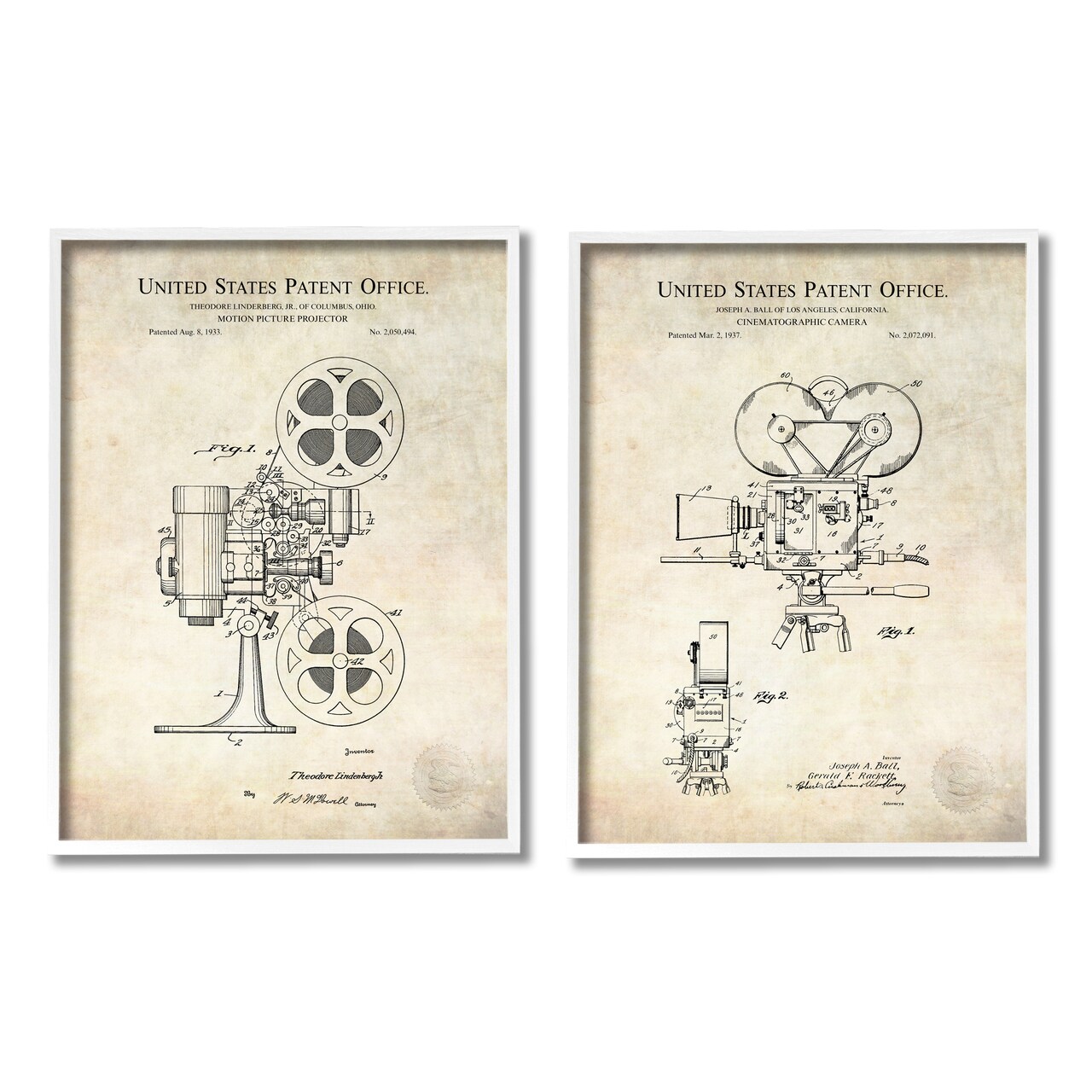 Stupell Industries Vintage Movie Camera Cinema Projector 2pc Framed Giclee Set Design By Karl Hronek
